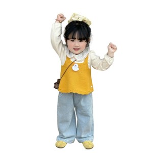 Tongxingyuan Girls Yellow Knit Vest Shirt And Wide Leg Jeans Set Spring Autumn Three Piece Outfit - Product Image 5