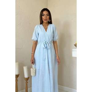 Wholesale Casual Baby Blue <b>Wrap</b>-Around Muslin <b>Linen</b> <b>Dress</b> - Product Image 3