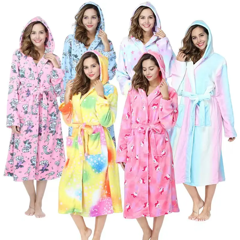 Китайский завод, дешевый пушистый мягкий теплый зимний халат для взрослых с капюшоном из 100% полиэстера, плотный фланелевый флисовый женский халат, оптовая продажа