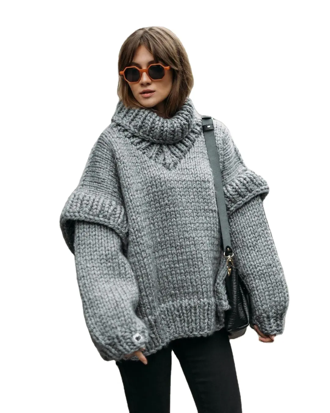Maglione caldo alla moda per donna maglione lavorato a maglia con maniche a sbuffo solido maglione a maniche lunghe con collo alto donna
