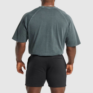T-shirt de sport décontracté pour hommes, 100 % coton épais délavé à l'acide, manches courtes, style personnalisé pour les musclés - Ventes flash - Product Image 2