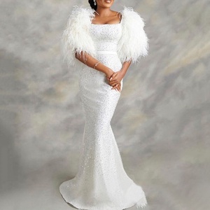 Robes <span class=keywords><strong>de</strong></span> soirée pour femmes, col carré, plumes, trompette, mariage, anniversaire - Product Image 1