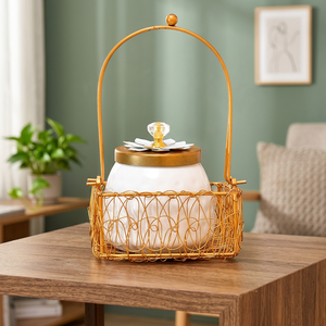 Élégant pot de rangement en métal avec poignée en fil doré, forme ronde, anti-poussière, décoration de salon - Product Image 6
