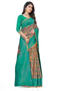 Traditional <b>Green</b> <b>Silk</b> Saree With Floral Print And Golden Border For Wedding And Festival Wear Women - Product Image 3