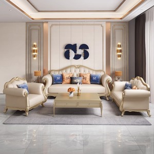 Sofá de Cuero de Lujo Francés, Madera Maciza Tallada a <span class=keywords><strong>Mano</strong></span>, Combinación Modular de 1, <span class=keywords><strong>2</strong></span> y 3 Plazas, Juego de Muebles para Sala de Estar Estilo Europeo - Product Image 2