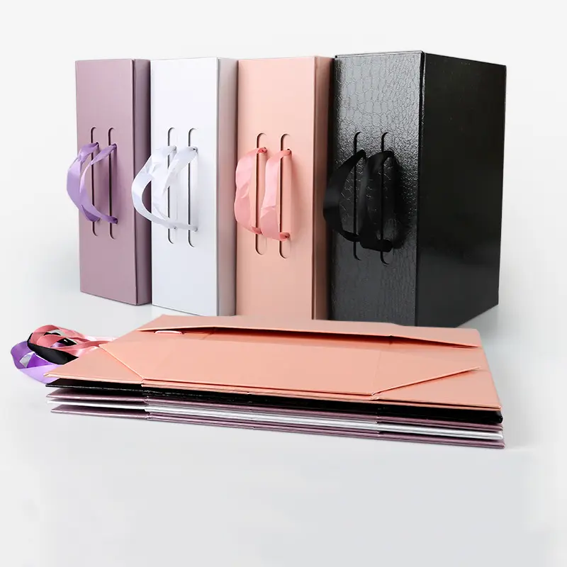 MJJ Luxury Black Leather Rigid Paperboard Folding Magnet Box with Ribbon for Wig Shoe Stickers and Gifts Packaging in Carton