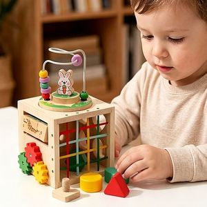 Jouets en blocs pour tout-petits, cadeaux d'anniversaire parfaits, jouets Montessori 6 en 1, cube d'activités en bois avec labyrinthe de perles, trieur de formes, engrenages - Product Image 1