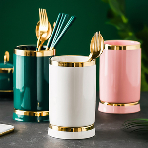 <span class=keywords><strong>Escurridor</strong></span> de doble capa para el hogar, estante de almacenamiento para cucharas y tenedores, palillos dorados ligeros de lujo, cesta nórdica de cerámica - Product Image 2