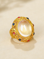 Bague en argent sterling 925 plaqué or, grand cabochon ovale, filigrane ajouré, halo multicolore, luxe vintage, déclaration de style pour mariage