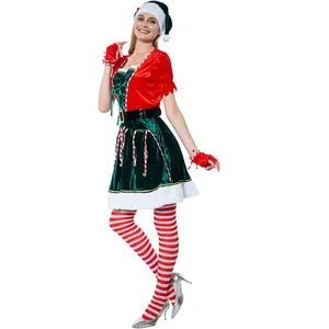 Mme Clause Robe Vert Outfit Chapeau Gants Ceinture Bas Elfe Costume Costume Femme Noël