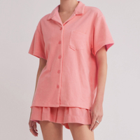 Setelan Piyama Dua Potong Wanita Model Boxy Bahan Terry Thermal 100% Katun Flanel dengan Logo di Depan, Cocok untuk Bersantai