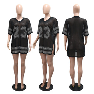 Nueva Camiseta de Moda con Cuello en V, <span class=keywords><strong>Manga</strong></span> Corta, Oversize, con Pedrería, para <span class=keywords><strong>Mujer</strong></span>, Sexy, Transparente, con Diamantes, para Club, Camisetas Largas - Product Image 5