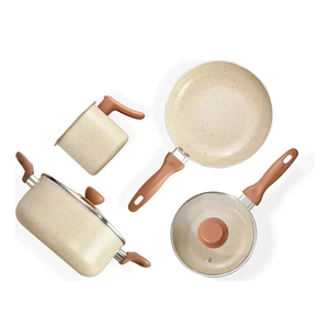 High Quality Ceramic Marble Coated Pot <b>Pan</b> Glass Lids Wooden Soft touch Handles Non Stick 6 Piece Aluminium Cookware Set - Product Image 2