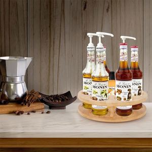 Rotating Double Tier Coffee Syrup Organizer Bamboo Countertop <b>Bottle</b> <b>Rack</b> for 7 Beverage <b>Bottles</b> Water & Wine - Product Image 4