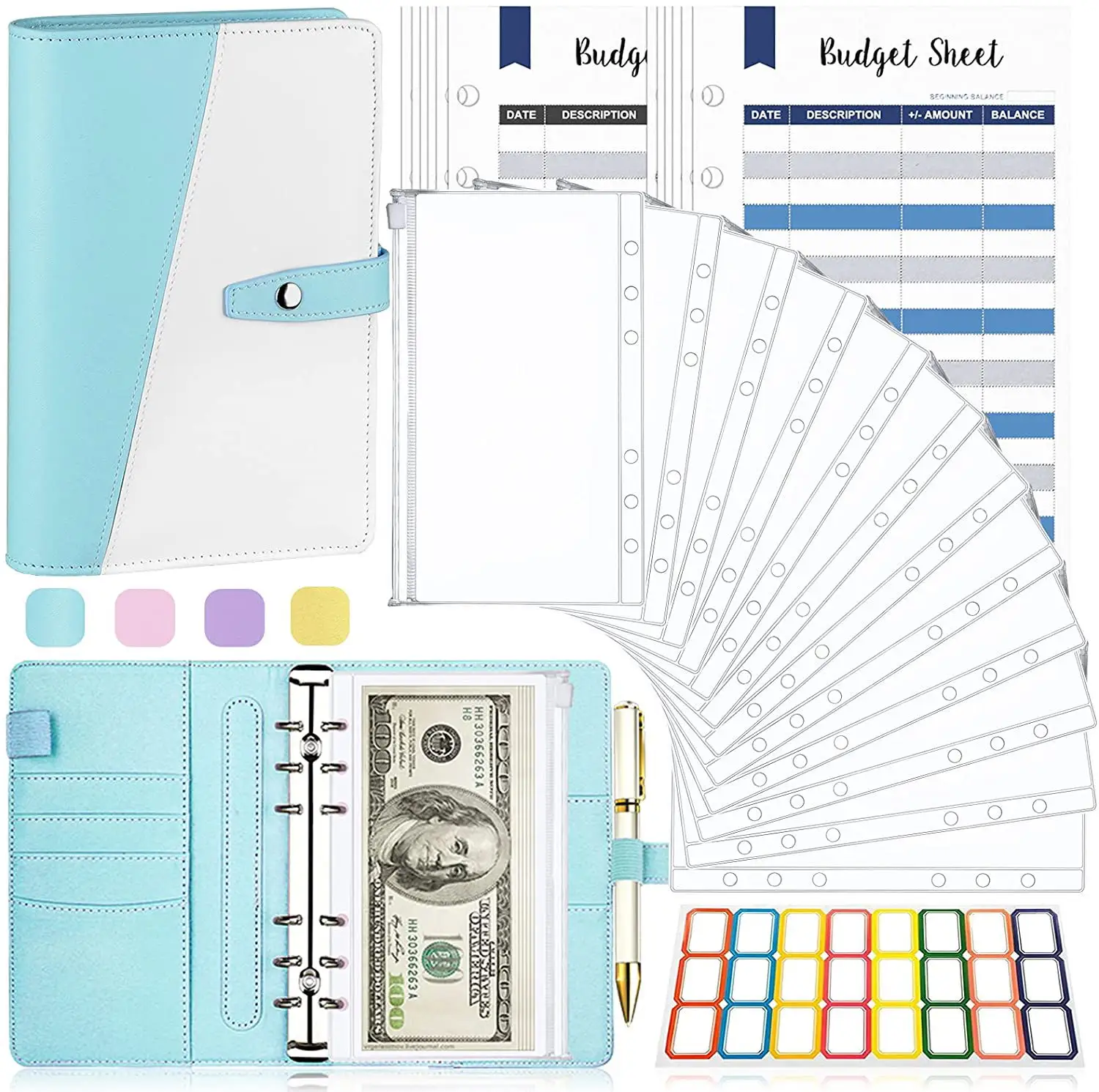 Libro di Budget personalizzato a 6 anelli con copertina rigida in pelle PU A6 con buste per rilegatura con etichetta A6 da 12 pezzi, fogli di Budget e adesivi di categoria