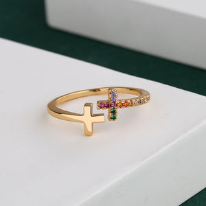 ファッションシンプルな宗教的なクロスオープンリングカラフルなジルコン男性女性クリスチャンジュエリーゴールドメッキリング - Product Image 3