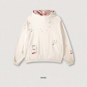 Yingling <b>Men's</b> Cotton Fleece Distressed <b>Hoodie</b> Custom Logo Oversized Hoodies Plaid Heavyweight Vintage <b>Hoodie</b> for <b>Men</b> - Product Image 4