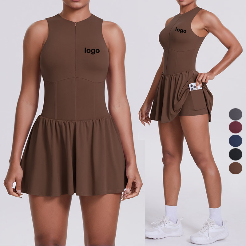 Custom Women's Sportswear Logo Tennis Dress Sleeveless Zipper Pleated Dresses with Anti Peeking Shorts Yoga Clothes for Women