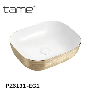 TAME PZ6131-EG1Luxury Lavabo de salle de bain Lavabo doré Cuvette d'art en céramique Cuvette de table galvanisée Lavabo rectangulaire