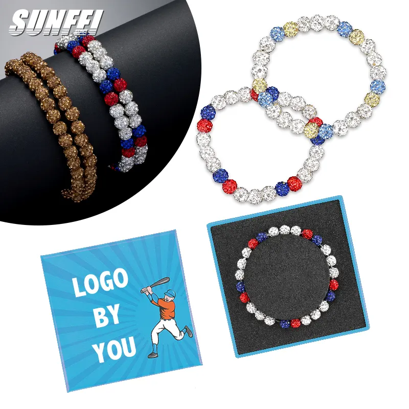 Sunfei colorido Philadelphia béisbol cuentas pulseras encanto béisbol diamantes de imitación pulseras hockey Rhinestone Bola de discoteca pulsera