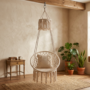 Hamac suspendu rond en macramé bohème en coton durable avec coussin à pompons pour salon et chambre à coucher - Product Image 2
