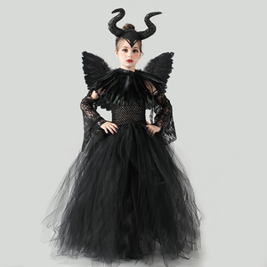 Conjunto de disfraz superventas al por mayor, vestido gótico de Reina para niñas, chal de plumas, tutú, traje de fiesta de Halloween - Product Image 1