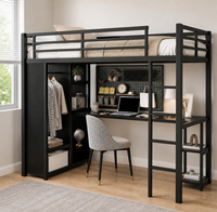 Lit mezzanine moderne en acier avec bureau, armoire, étagères de rangement et échelle, taille simple, pour dortoir, école, appartement