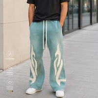 Pantalon de survêtement décontracté pour homme en molleton 100% coton, bleu sarcelle délavé, coupe large, avec appliqué flamme et cordon de serrage, collection automne