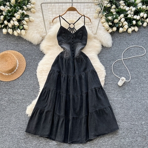 Vestido vaquero maxi casual de verano para mujer, sin mangas, con cuello de lazo, corte ajustado, espalda descubierta, negro, ecológico - Product Image 2