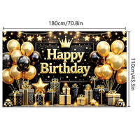 Bannière Murale Décorative Personnalisée Anniversaire 180x110cm Noir et Or, Grande Affiche avec Ballon Étoile Panneau Photo Fond de Scène pour Fournitures de Décoration d'Anniversaire
