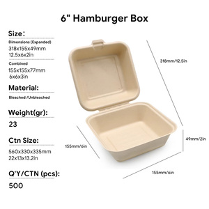 Wholesale Compostable Sugarcane Pulp Hamburger Box <b>Biodegradable</b> Clamshell Takeaway Food Container Heavy Duty Microwaveable - Product Image 2