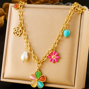 Colorful Resin Petal Daisy Hollow Butterfly Pearl Heart Charm Stainless Steel Necklace Gift Fashion Pendant - Product Image 5