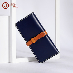 Joyir Cartera larga de cuero genuino para mujer, hecha a mano, con lazo, color azul sólido - Product Image 1