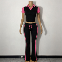 Ensemble décontracté 2 pièces pour femme, été, color block, haut à col en V et manches courtes, pantalon long à cordon élastique, coton et élasthanne