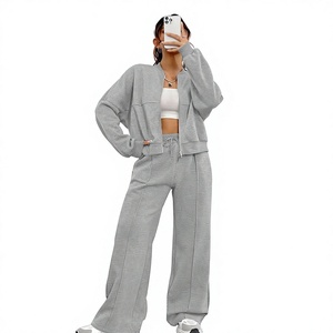 Women Gray Tracksuit Full Sleeve Solid Color Casual Sweatshirt Elastic Waist Pants Breathable Midweight <b>Jogging</b> <b>Suit</b> - Product Image 1