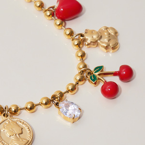 Chic Layered <b>Necklace</b> With <b>Cherry</b> Heart Coin Pendant Zinc Alloy Gold Tone Fashion Jewelry - Product Image 4