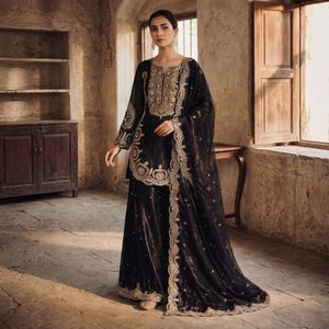 Ensemble Anarkali en soie micro-brodé noir à séchage rapide avec dupatta, tenue traditionnelle indienne et pakistanaise pour femme, coupe classique - Product Image 1