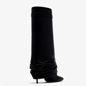 Pleated Upper Thin High Heel Pointed Toe Overlay Shoes Dress Metal Lock Pants Boots Women's Folded Over Knee High <b>Booties</b> - Product Image 3