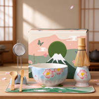 Ensemble de thé personnalisé Anji Newell avec logo, 9 pièces, kit de matcha en céramique avec fouet en bambou et bol à fleurs de cerisier pour cérémonie du thé, cadeau