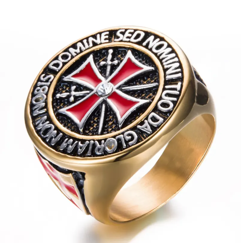 The Knights Templar crusader titanium steel gold diamond ring Red Cross Shape 316L stainless steel vintage men's ring