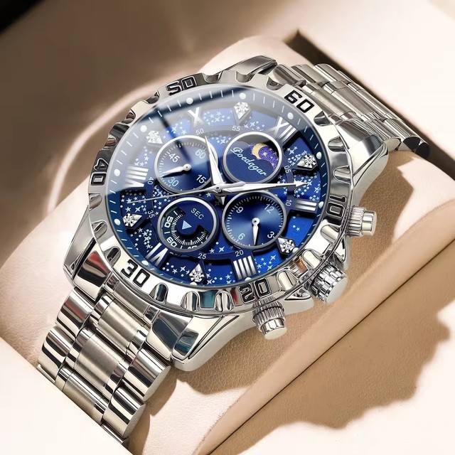 POEDAGAR 973 Star Sky Watch Dial Blue Color Design Luxury Watches Stainless Steel Band Luminous Hands Date Calendar Sports Reloj