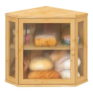 علبة الخبز الخشبية من خشب البامبو بطبقتين علبة تخزين الطعام مزودة بجزء شفاف علبة تخزين الخبز للمطبخ