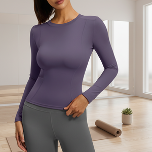 Haut de yoga léger et respirant à manches longues pour femme, coupe ajustée, col rond, imprimé sur le devant, sans coutures, couleur unie - Product Image 1