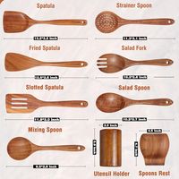 Coffret Cadeau 9 Pièces Ustensiles de Cuisine en Teck Naturel avec Repose-Cuillère – Spatule, Fourchette à Salade, Cuillère en Bois