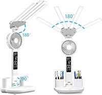 Lampe de bureau LED pliable à double tête OEM, moderne, alimentée par batterie DC, intensité réglable, en plastique ABS blanc, avec ventilateur et porte-stylo – Offre Spéciale