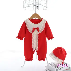 A9518 зимние рождественские красные детские испанские комбинезоны кружевной комбинезон с оборками для новорожденных Флокированный детский комплект одежды с шапкой