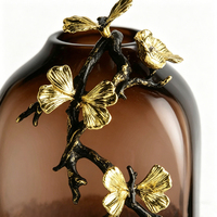 Vase Tikanna en verre dégradé marron et alliage de zinc, design moderne et écologique, motif branche d'oiseau et ginkgo, pour salon