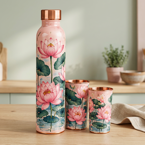 Moderno Juego de Botellas de Agua de Cobre con Diseño Floral de Loto Rosa, con Dos Tazas, Portátil, Ecológico, de Metal - Product Image 1