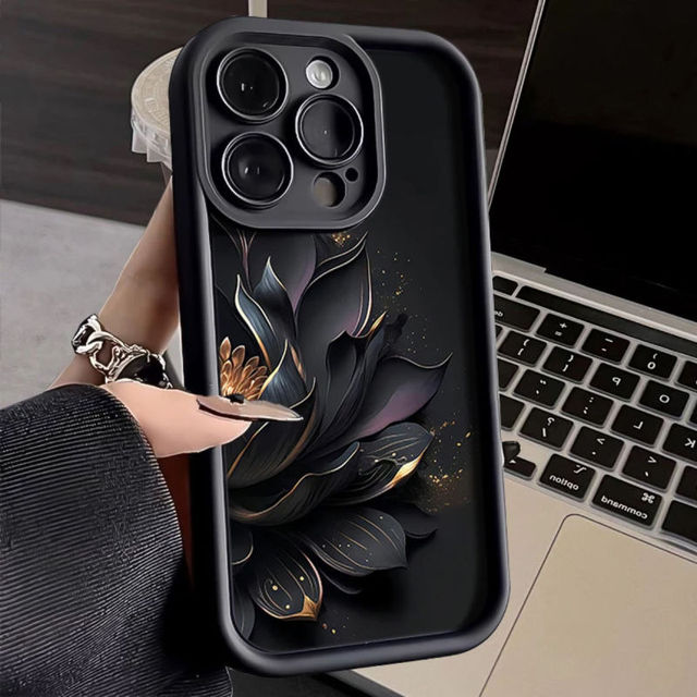 Luxury Black Golden Lotus Flower Phone case for iPhone 16 15 Pro Max 14 13 12 11 XS XR Candy Color Frosted Shockproof Back Cover