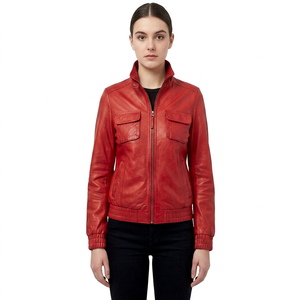 Blouson Bomber Femme en Cuir de Mouton Rouge avec Ourlet Côtelé, Fermeture Éclair Intégrale, Coupe-Vent, Écologique, Vêtement d'Extérieur Utilitaire d'Hiver – Vente en Gros - Product Image 1